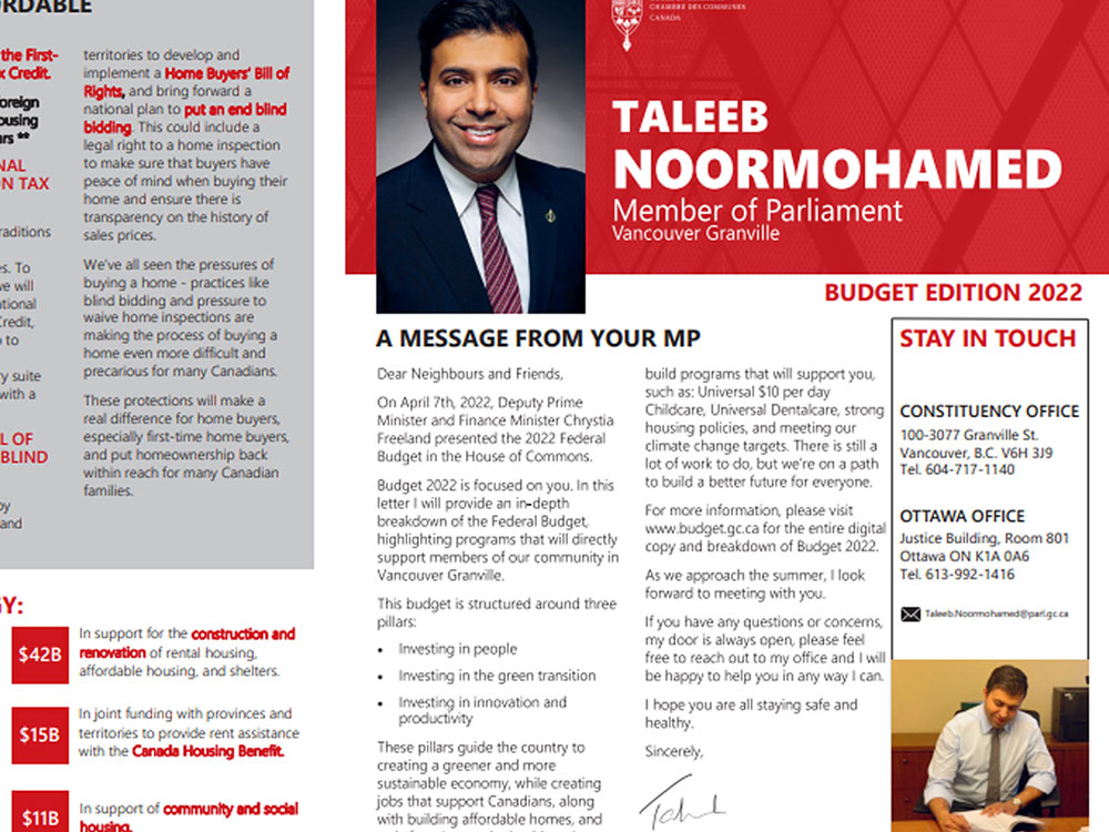 A mailout newsletter for Taleeb Noormohamed, member of Parliament for Vancouver Granville.