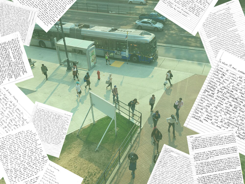 An aerial photo of young adults and students exiting a bus at King George SkyTrain station in Surrey, BC. Photocopied, handwritten student letters scatter the perimeter.