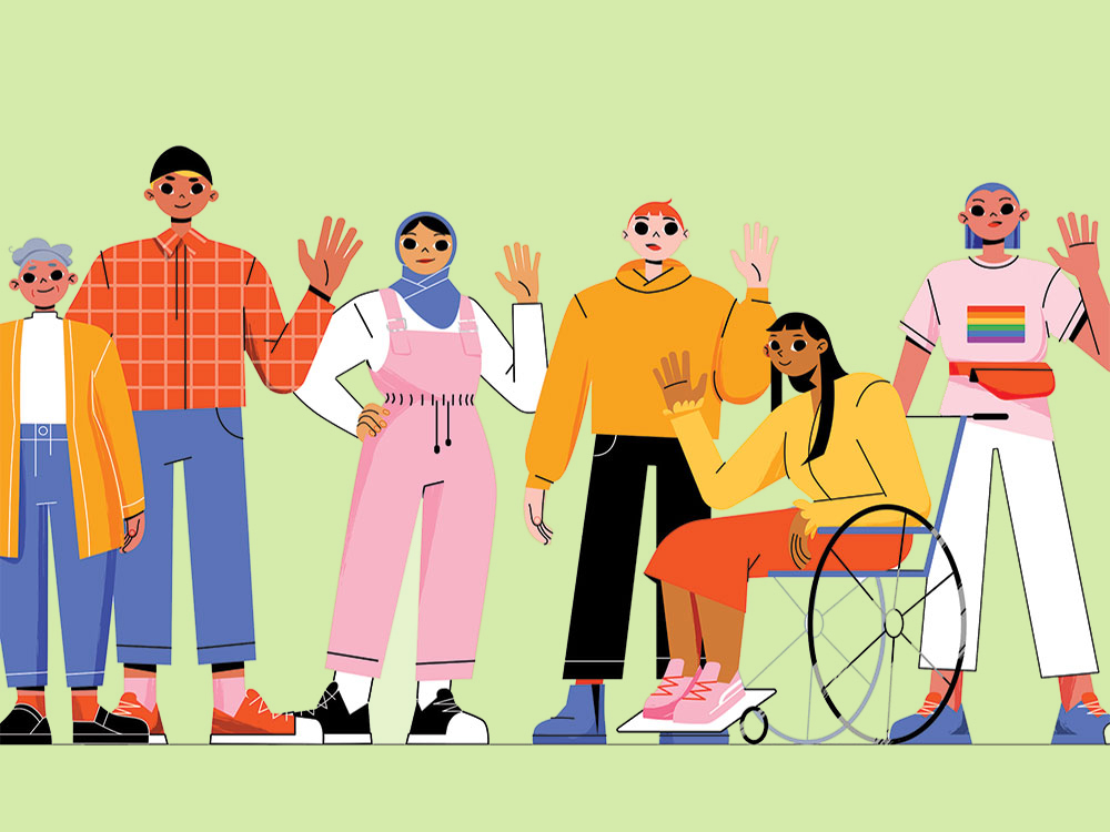 A brightly illustrated, colourfully attired group of people stand in a line against a white background, waving. One person is using a wheelchair.