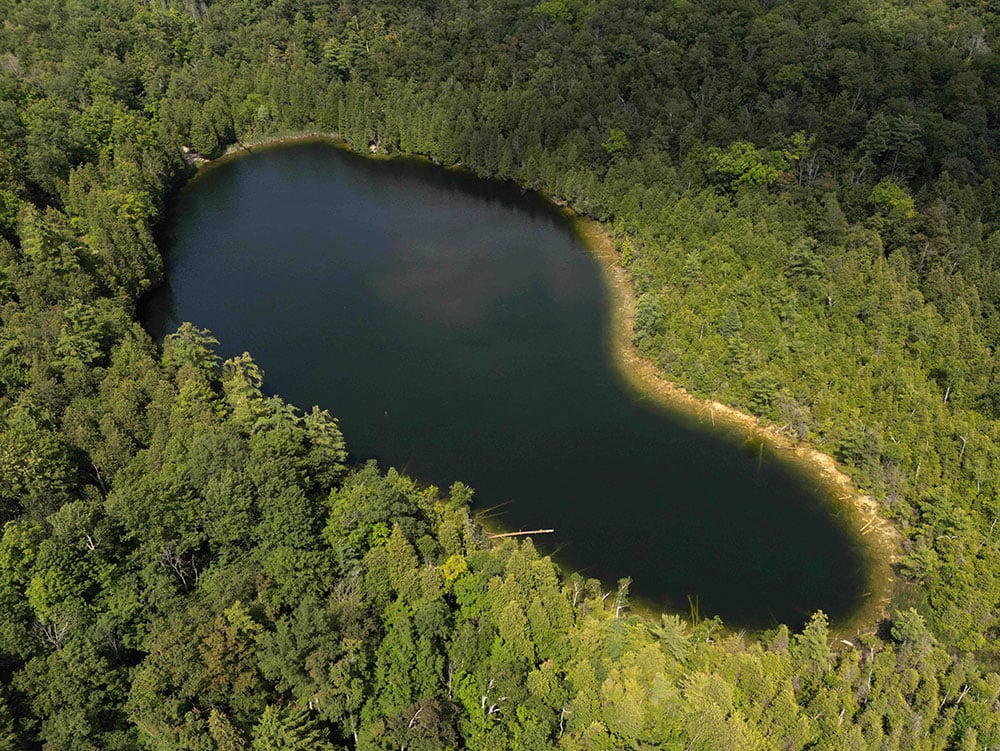 The dark blue waters of a lake are visible from a helicopter. Around it are lush green stands of coniferous and deciduous trees.