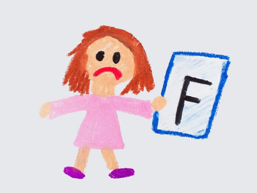 A childlike drawing of a girl looking very sad and holding a report card that says ‘F’.