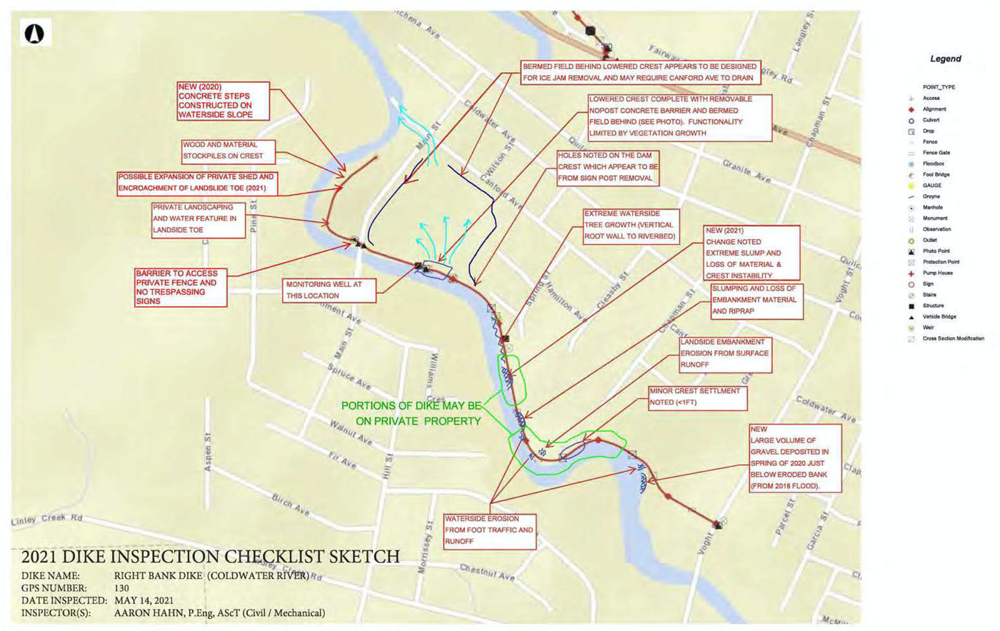 A map shows problem areas with the diking system in Merritt.