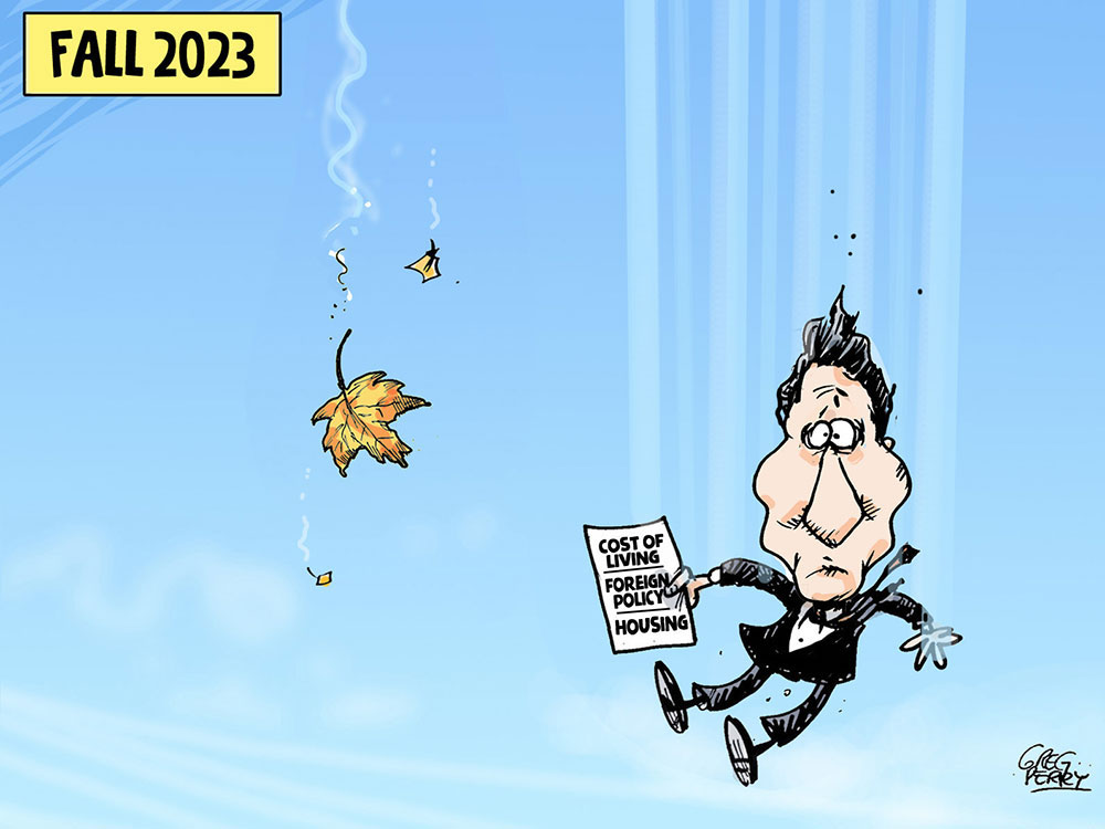 A cartoon of Justin Trudeau falling through the sky amid a few maple leaves. He is holding a piece of paper that reads “cost of living — foreign policy — housing.” A banner reads “Fall 2023” in the upper left-hand corner.