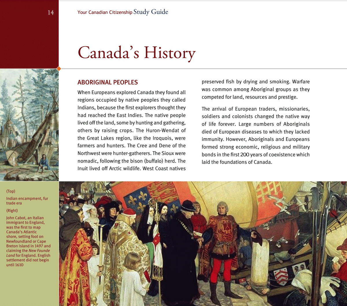 An excerpt from a study guide features a page titled “Canada’s History,” below which a subsection titled “Aboriginal peoples” depicts, on the left, a small illustration of a person seated near a teepee, and on the bottom, a large painting of early settlers in Canada.