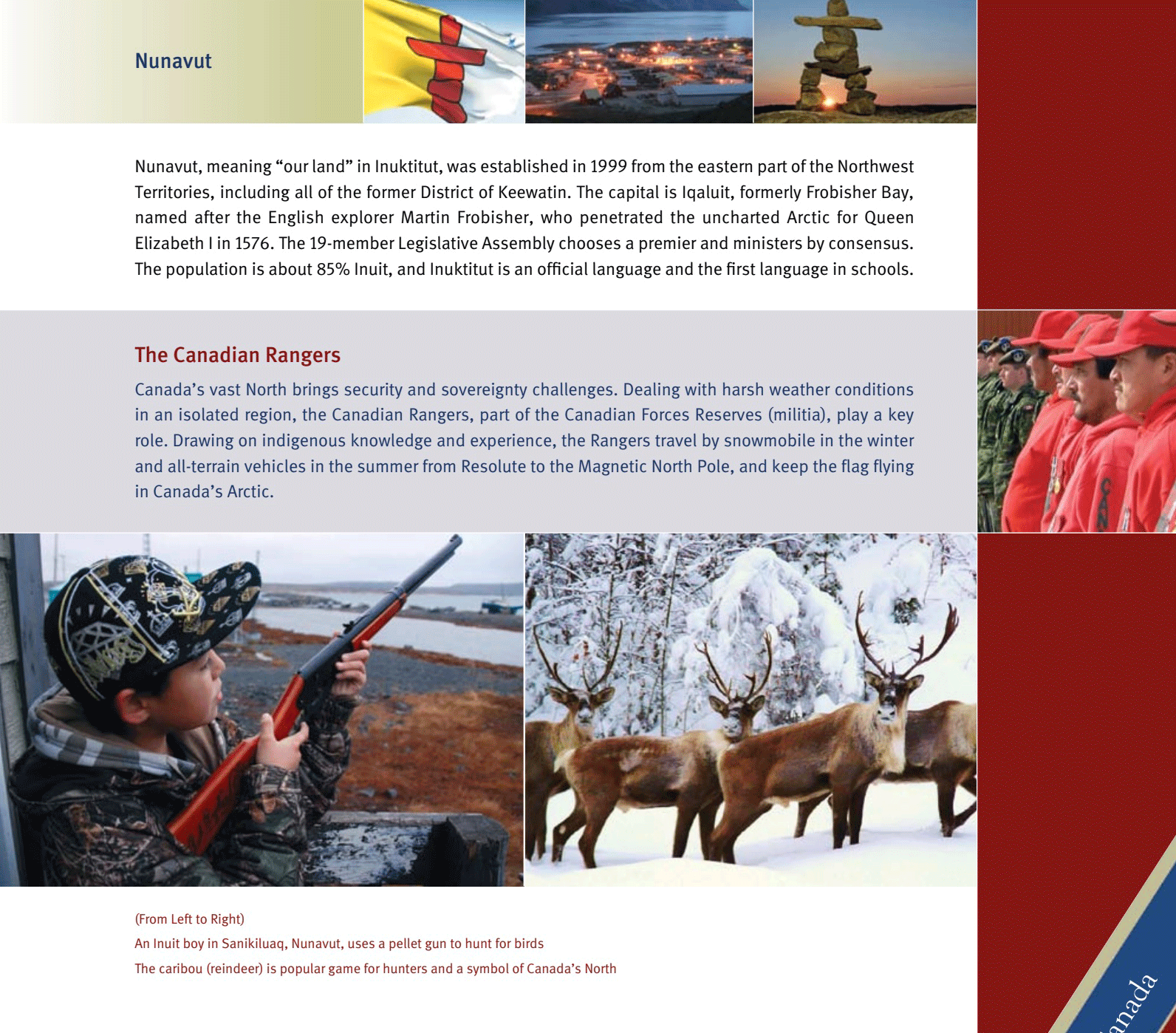 A section of the Discover Canada study guide features photographs of a young boy holding a pellet gun, a group of caribou standing in the snow and small colour photos from Nunavut.