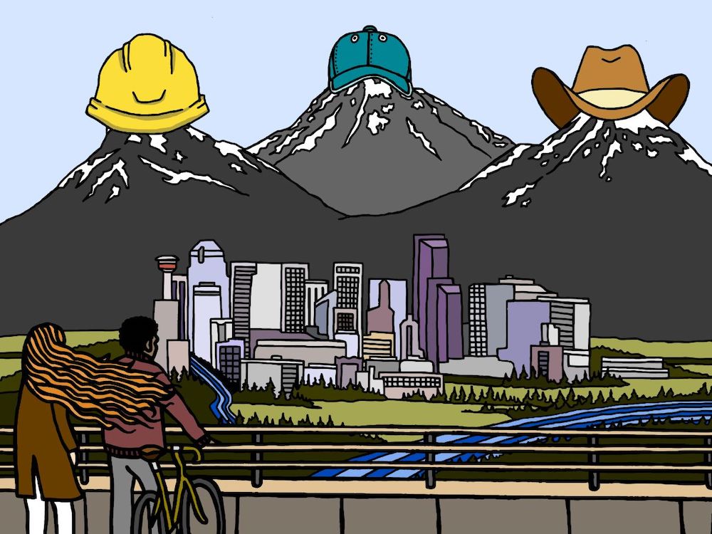 An illustration shows two people from behind, one with a bicycle, looking towards the Calgary skyline and beyond it three mountain peaks, each topped by a hat — a hard hat, a farmer's ball cap and a cowboy hat.