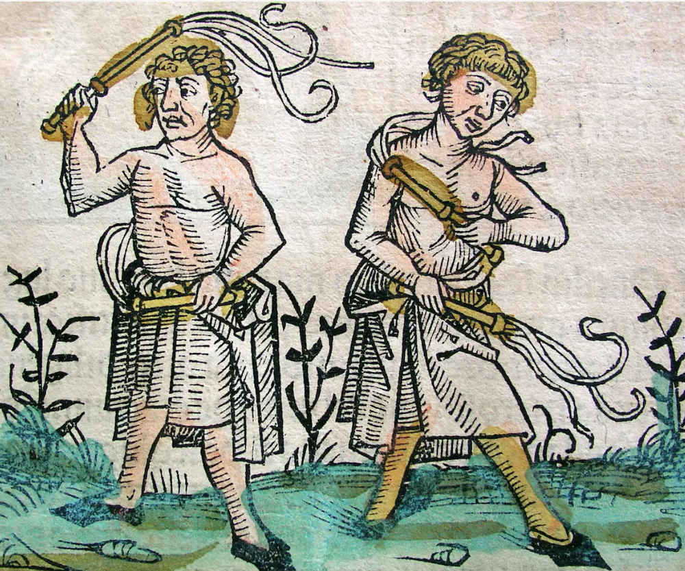 A black and white wood print from the 15th century shows two figures holding whips, with one lashing himself.