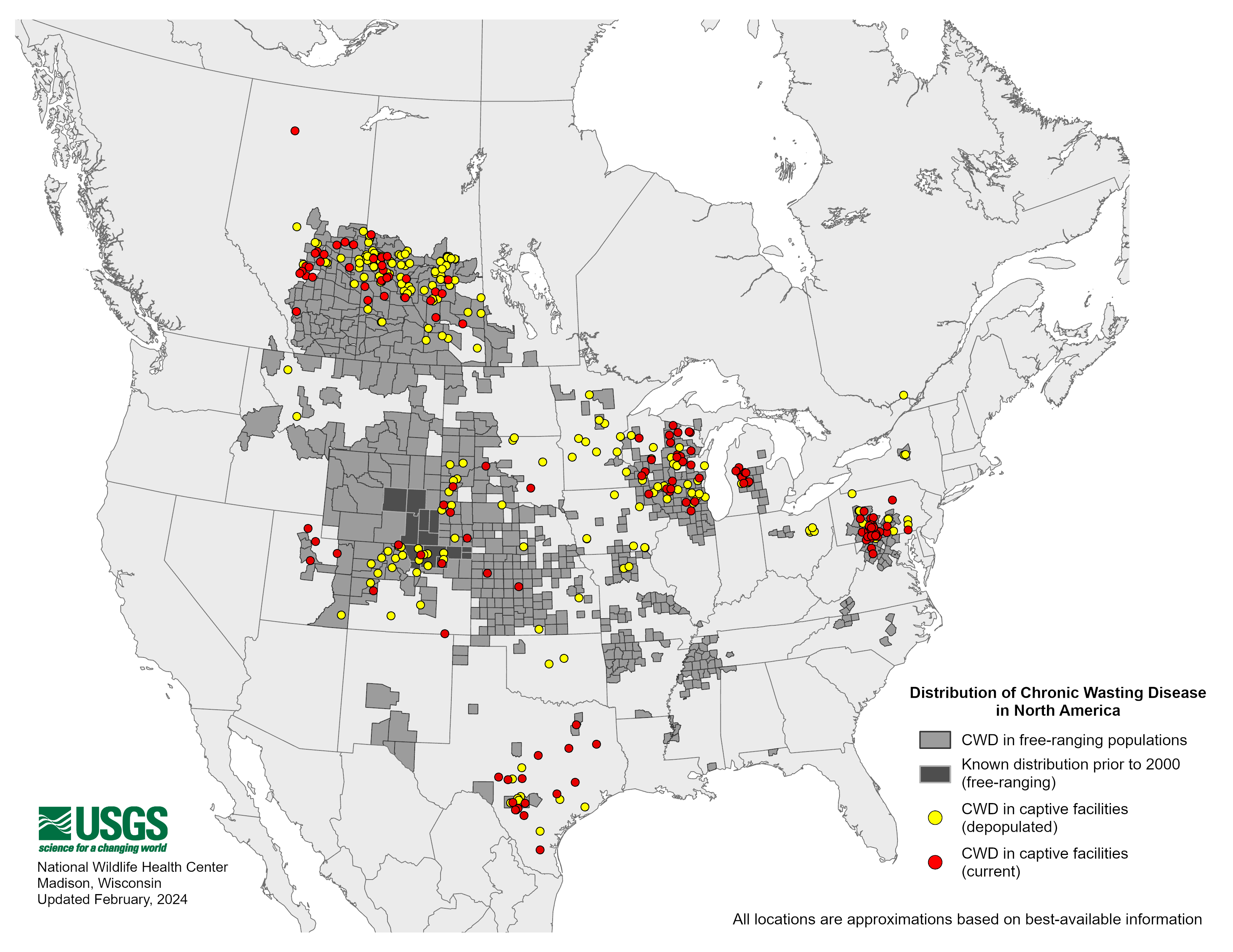 A map shows the distribution of chronic wasting disease in North America. In Canada, it is prominent in free-ranging populations in Alberta and Manitoba.