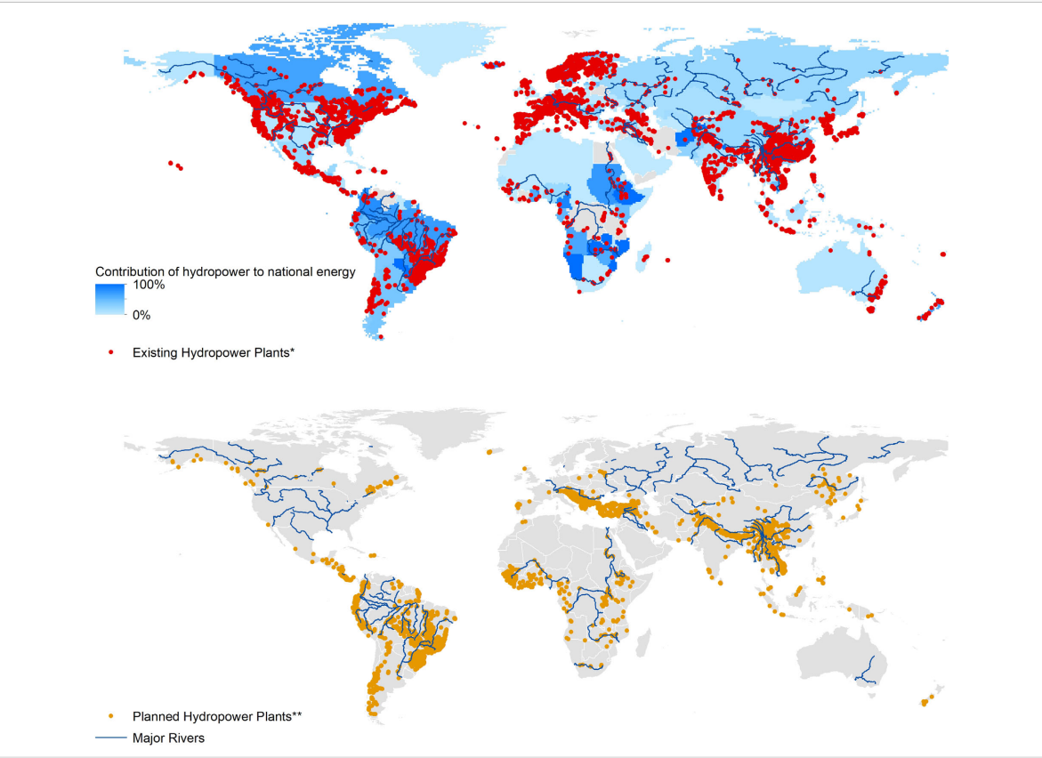 Two maps show the location of existing hydro power plants, and planned power plants around the world.