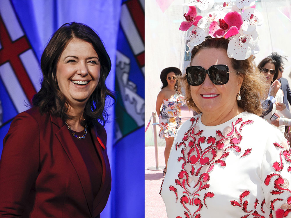 Two photos side by side. At left is Danielle Smith, a middle-aged white woman with medium-length brown hair. She is dressed in a burgundy blazer and smiling widely. At right is Gina Rinehart, a white woman wearing large black sunglasses, a white blouse with sequined pink detail and a hat made of orchids. She is smiling at the camera.