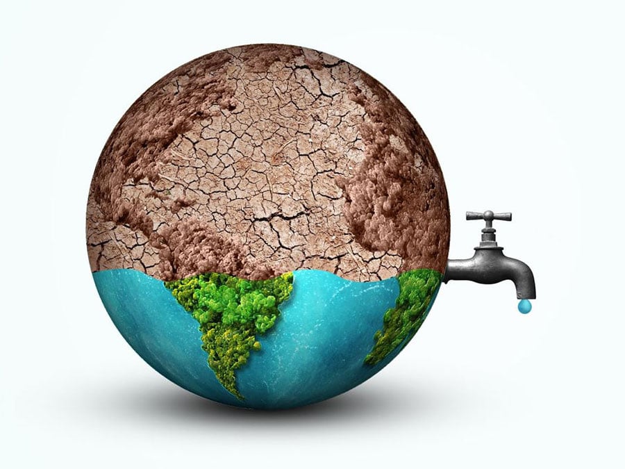 An illustration of the Earth, the top half dry and brown, the bottom half green with blue oceans, and a dripping water tap sticking out the side.