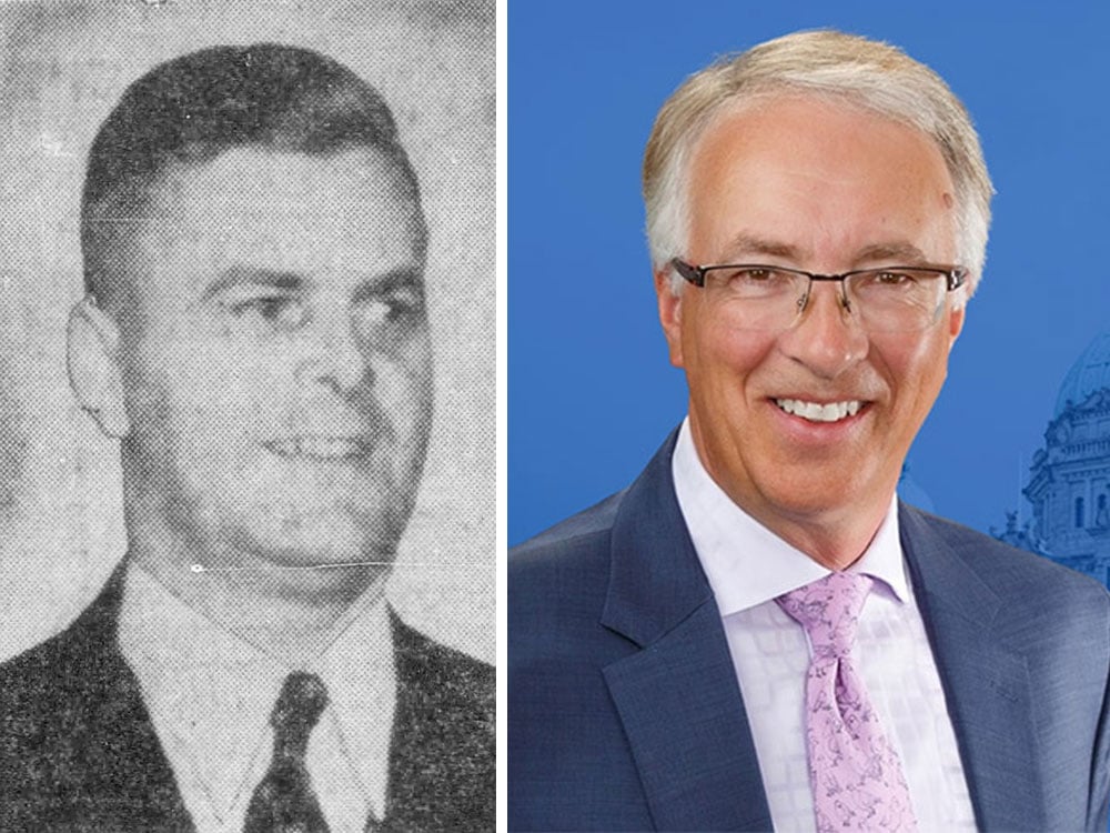 An archival black and white newspaper portrait of W.A.C. Bennett, left, depicts a man in a dark suit and tie with a white button-down shirt. A contemporary photo of John Rustad, right, depicts a man with short grey hair, glasses and a blue suit with a white shirt and lavender tie.
