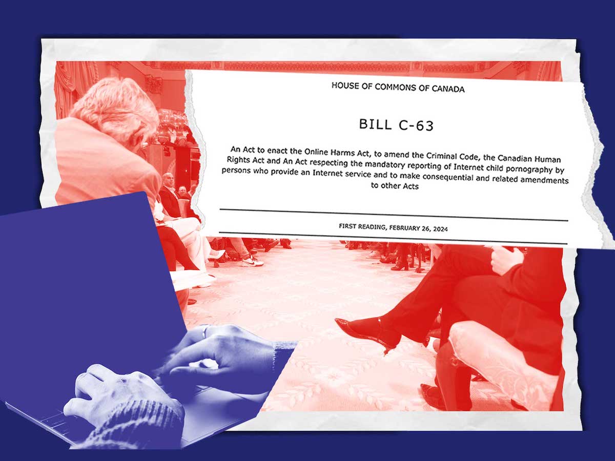 A two-toned purple and red collage with text that reads 'House of Commons Canada. BILL C-63.' At left, hands type on a laptop. In the background, a group sits in the Rideau Hall ballroom.