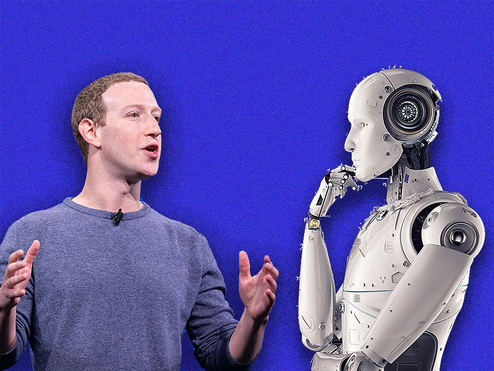 An illustration shows a trim light-skinned 40-year-old with short copper-coloured hair and a blue sweater speaking, while a white robot listens thoughtfully.