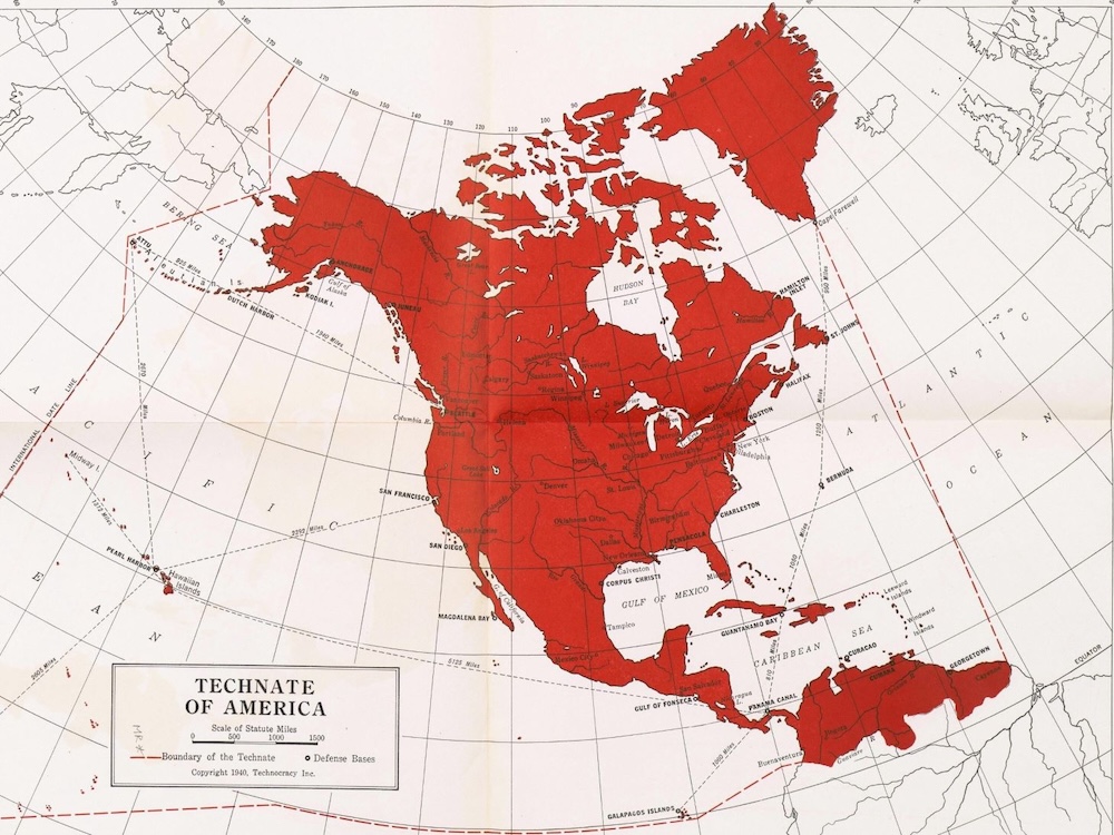 A map, published in 1940, that shows the whole of North America, including Canada and Greenland, all of Central America and,  beyond the Panama Canal, parts of South America, as one entity, in red. 