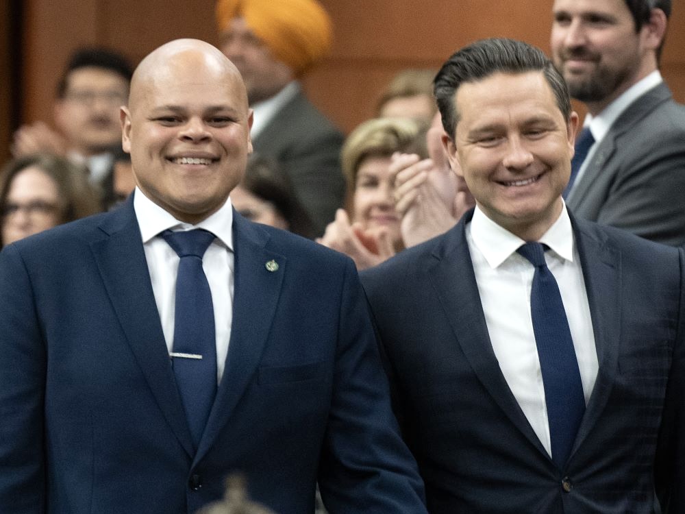 Pierre Poilievre, right, with Ontario MP Jamil Jivani, who calls JD Vance a ‘best friend’ and was fired for ‘open disdain’ for his employer’s ‘efforts to promote diversity, equity and inclusion.’ Photo by Adrian Wyld, the Canadian Press.