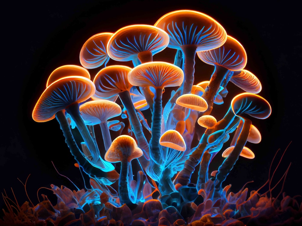 A digital illustration of a group of short mushrooms against a black background depicts the mushrooms tinged with a glowing orange outline and neon blue details.