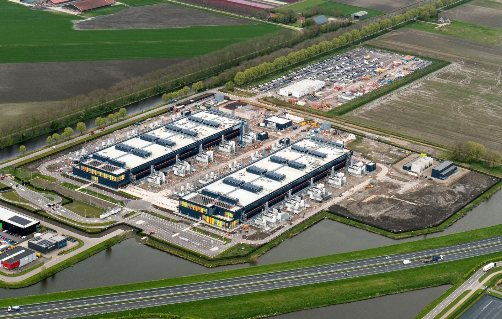 An aerial photo of a sprawling industrial compound surrounded by farm fields. 