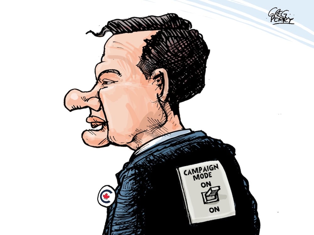 A caricature shows Pierre Poilievre. On his back is a light switch that says ‘Campaign Mode’ with two positions, both labelled ‘On.’ The switch is flipped to the top ‘On’ position.