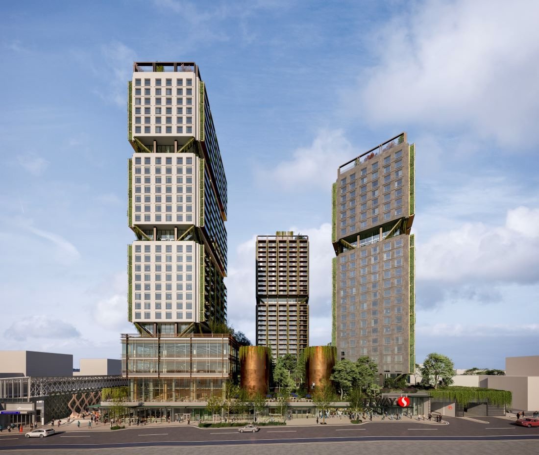 A rendering shows three residential towers of somewhat quirky design, with indents every eight storeys or so.