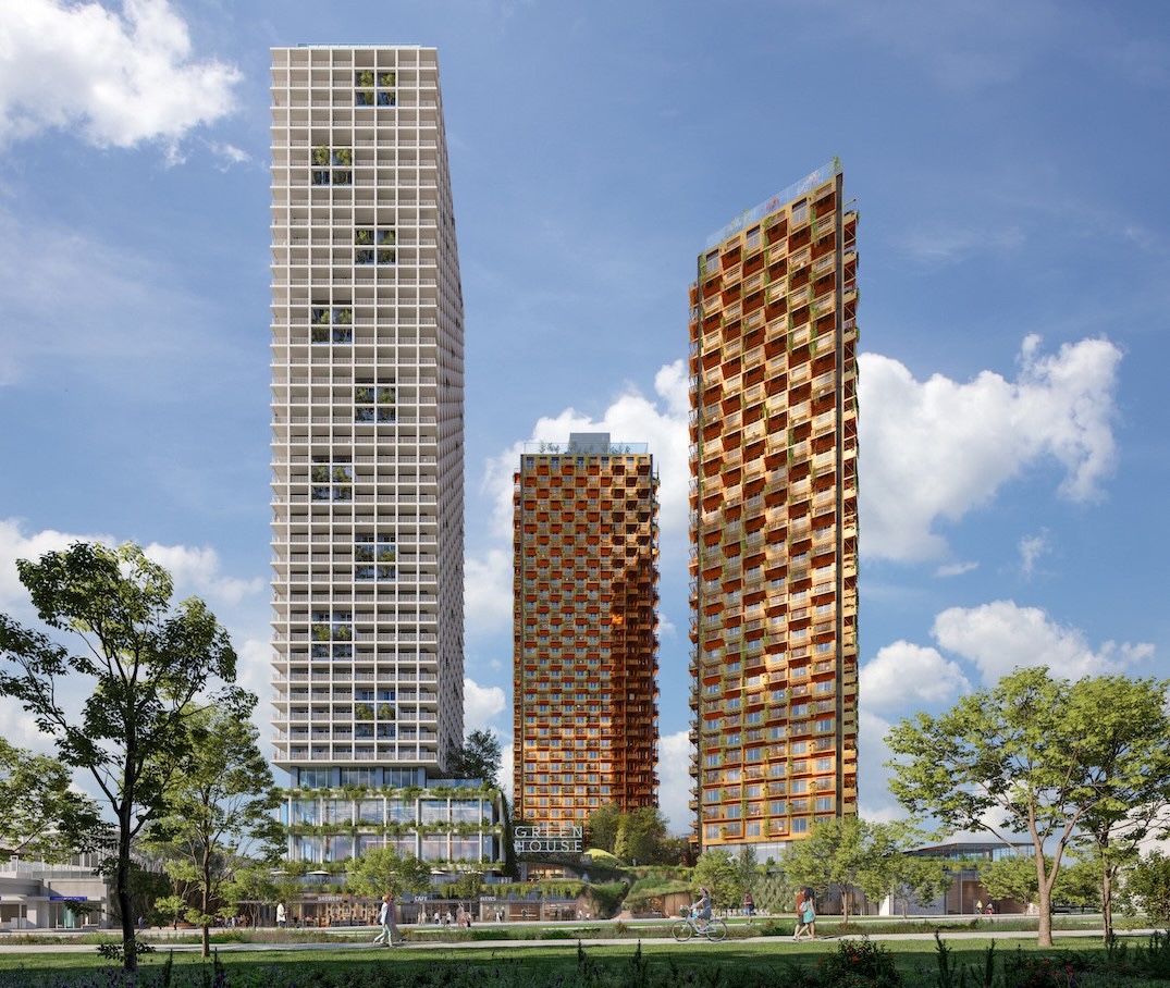 A rendering of the same site shows three much taller highrises of a more mundane design.