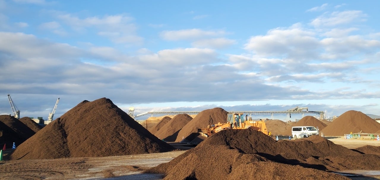At least 10 giant mounds of brown biomass. Amongst them, a dwarfed yellow front-end loader and a white van.