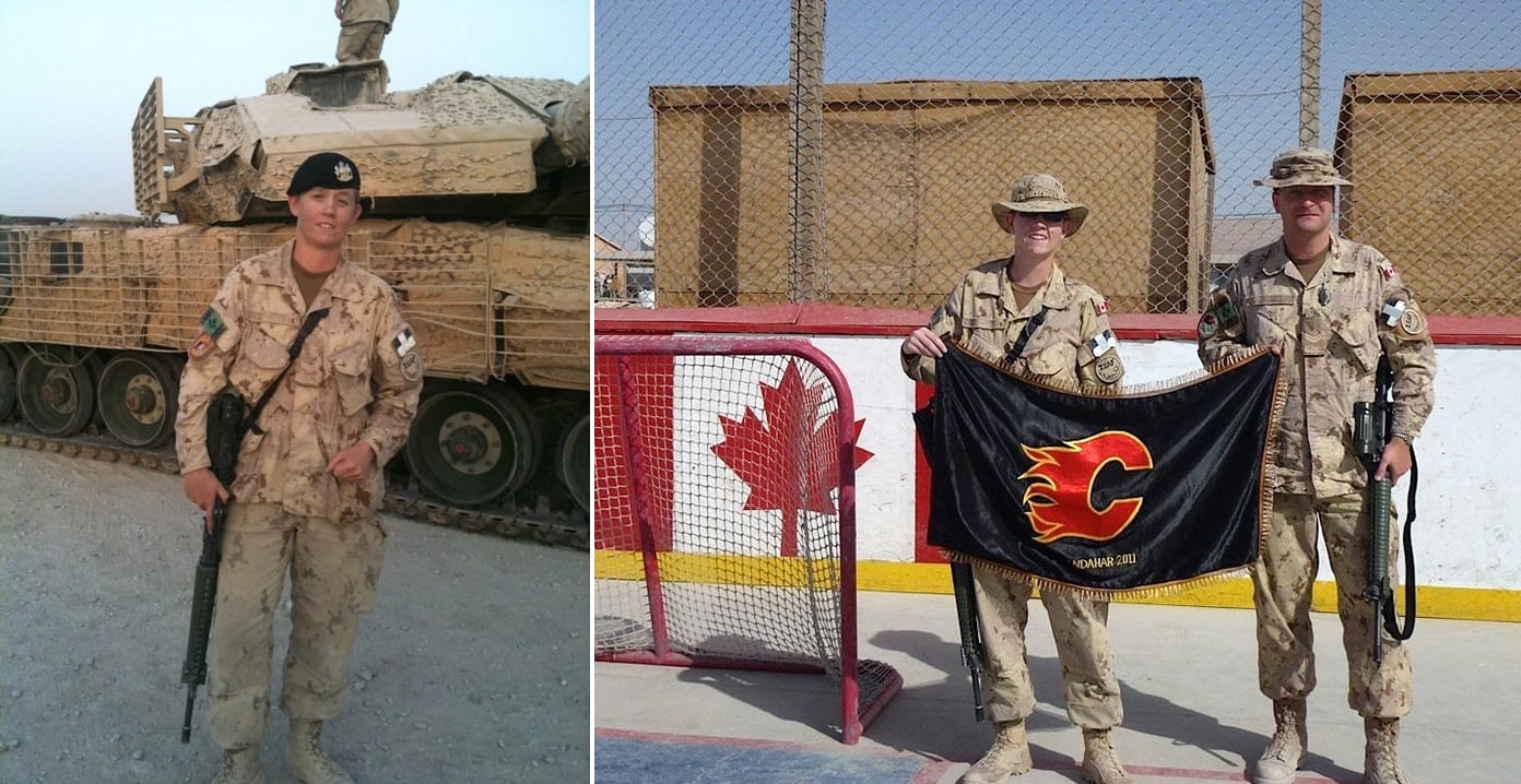 On the left, a light-skinned person in combat fatigues with a large gun slung over their shoulder. On the right, two light-skinned people in combat fatigues stand next to a hockey net holding a black banner with the red Calgary Flames logo on it.