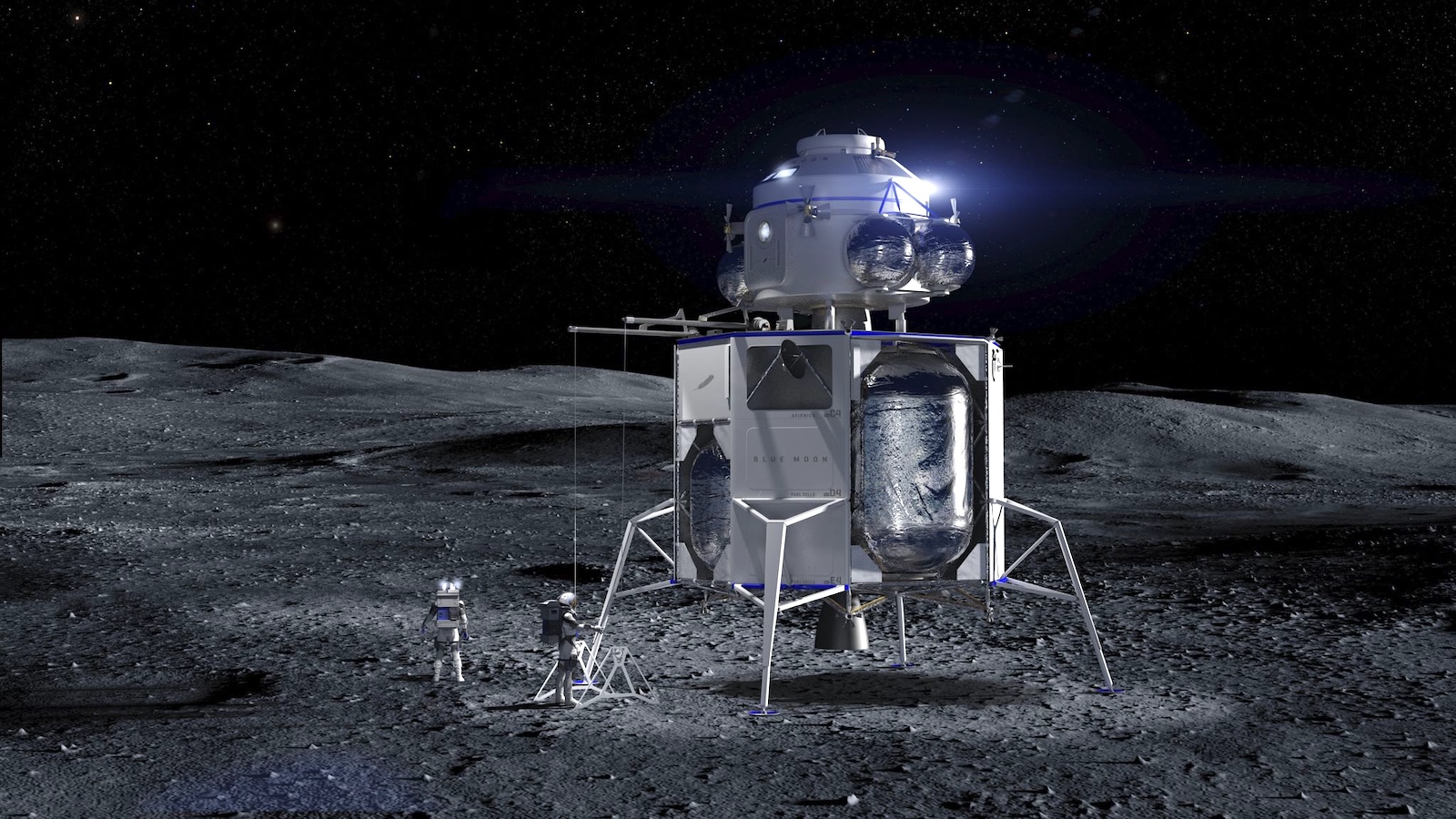A metallic lunar lander towers over two humans in space suits on the surface of the moon, the star-dotted vastness of space in the background.