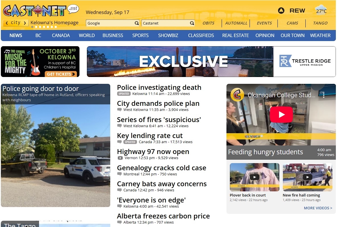 Castanet&rsquo;s website features a large yellow banner with its multicoloured logo, along with a series of links, a video and multiple advertisements.