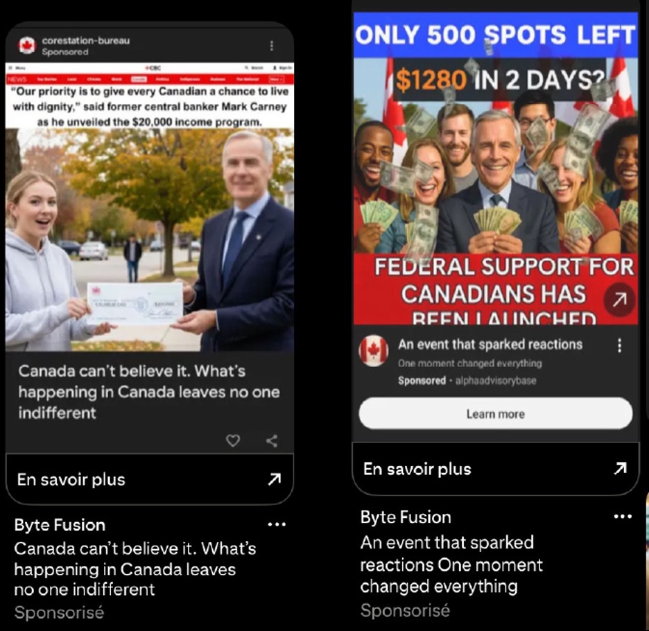  Two digital ads show images of Mark Carney with text like &lsquo;Canada can&rsquo;t believe it. What&rsquo;s happening in Canada leaves no one indifferent.&rsquo;