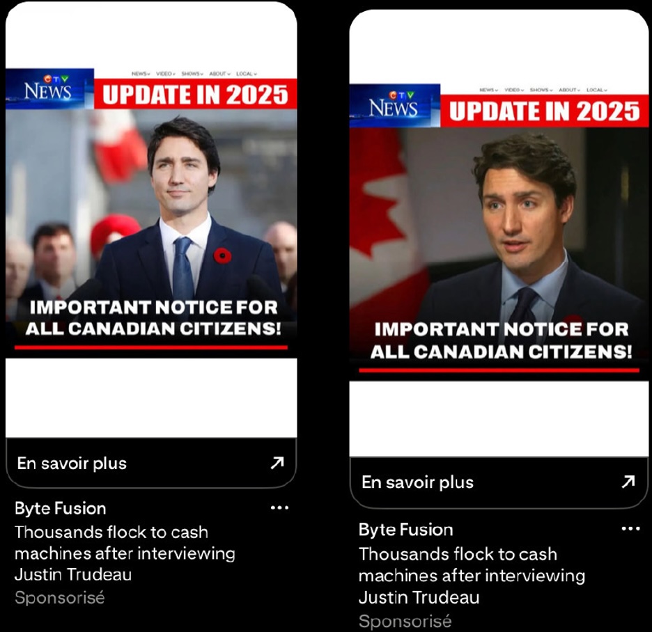 Two Pinterest ads promoting fake financial schemes using pictures of former prime minister Justin Trudeau and the CTV News logo. The ads showed text promoting the financial schemes as an &lsquo;important notice for all Canadian citizens.&rsquo;