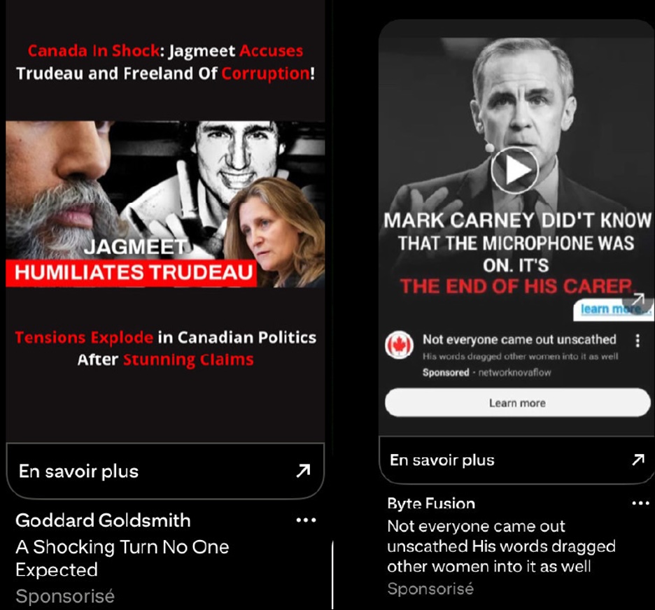 Two digital ads, one with images of Jagmeet Singh, Chrystia Freeland and Justin Trudeau and the other with an image of Mark Carney. Sensational headlines like &lsquo;Tensions explode in Canadian politics after stunning claims&rsquo; and &lsquo;Not everyone came out unscathed&rsquo; accompany the images.