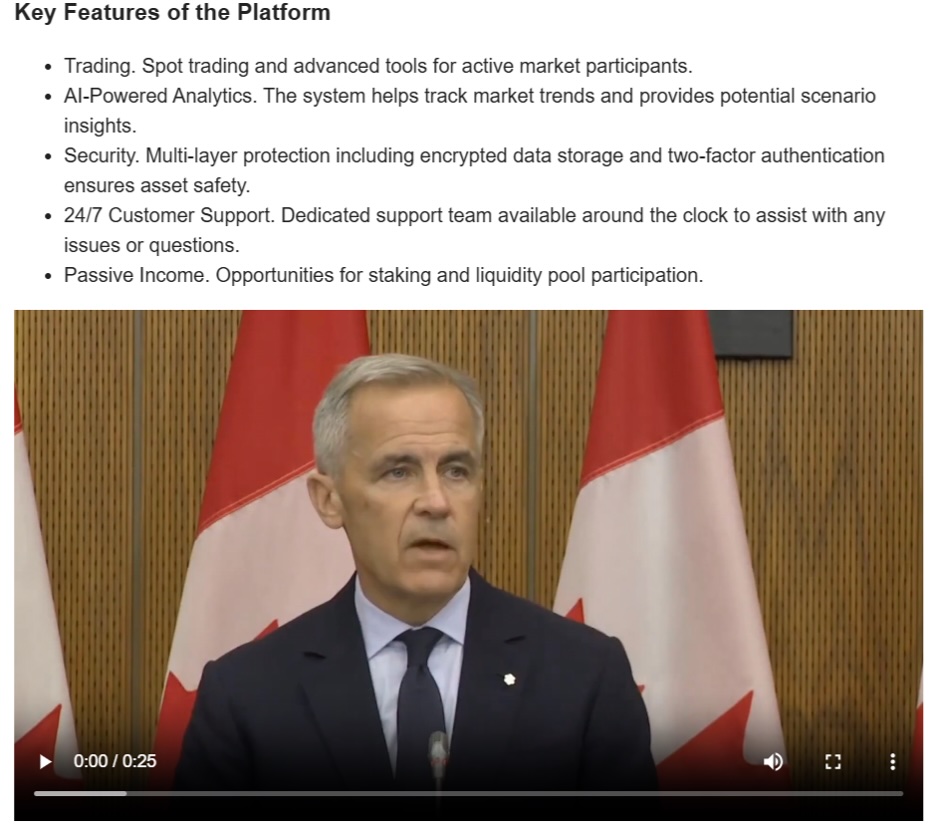 A still image from a deepfake video of Mark Carney, with text promoting a cryptocurrency trading platform.