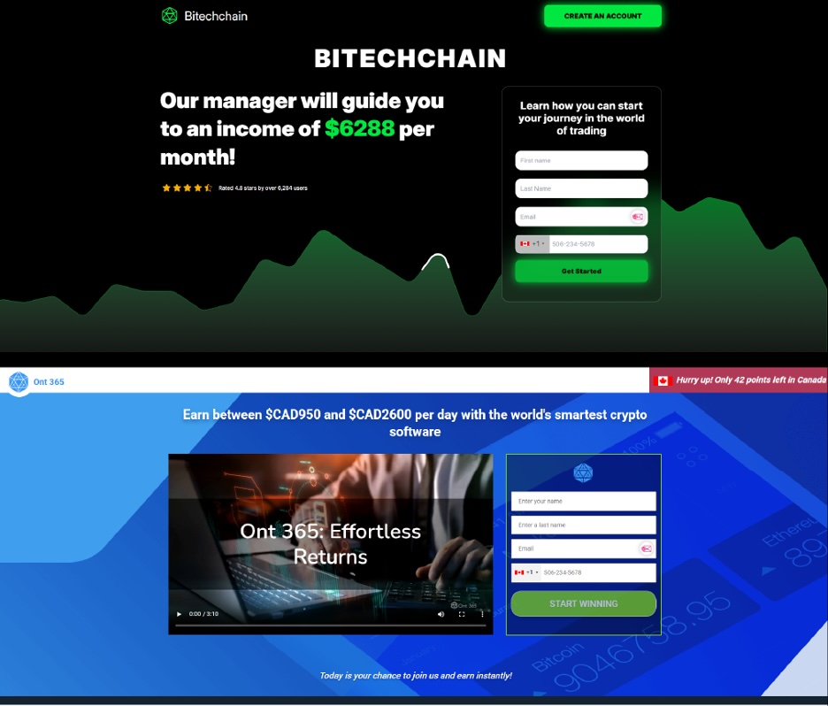 Screenshots of the pages from the website b.bytefusion.blog, a site that promises big earnings through its &lsquo;smartest crypto software.&rsquo;