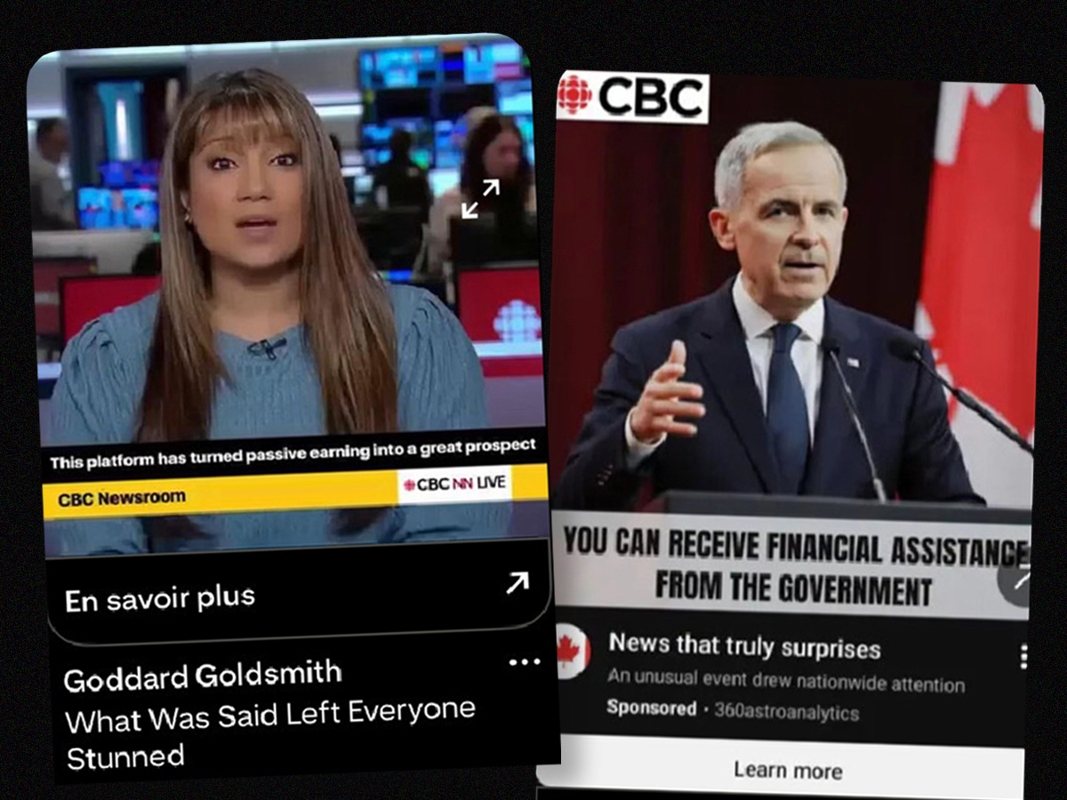 Two fraudulent digital advertisements use the CBC logo and photos of news anchor Aarti Pole and Prime Minister Mark Carney.