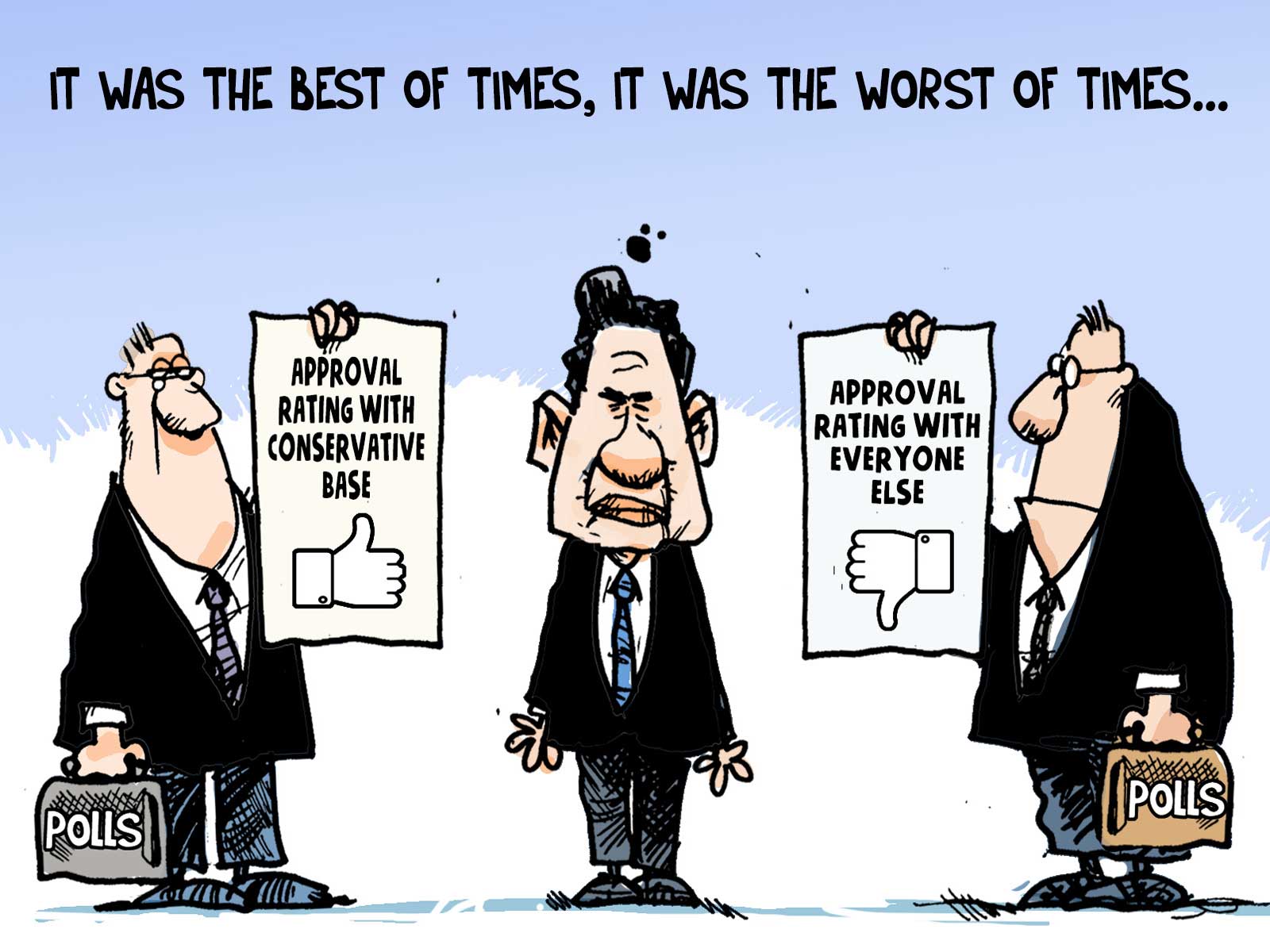 A drawing shows a caricature of Pierre Poilievre looking befuddled as one pollster to his right holds a sign saying he&rsquo;s very popular with his base and another to his left says he&rsquo;s very unpopular with most Canadians.