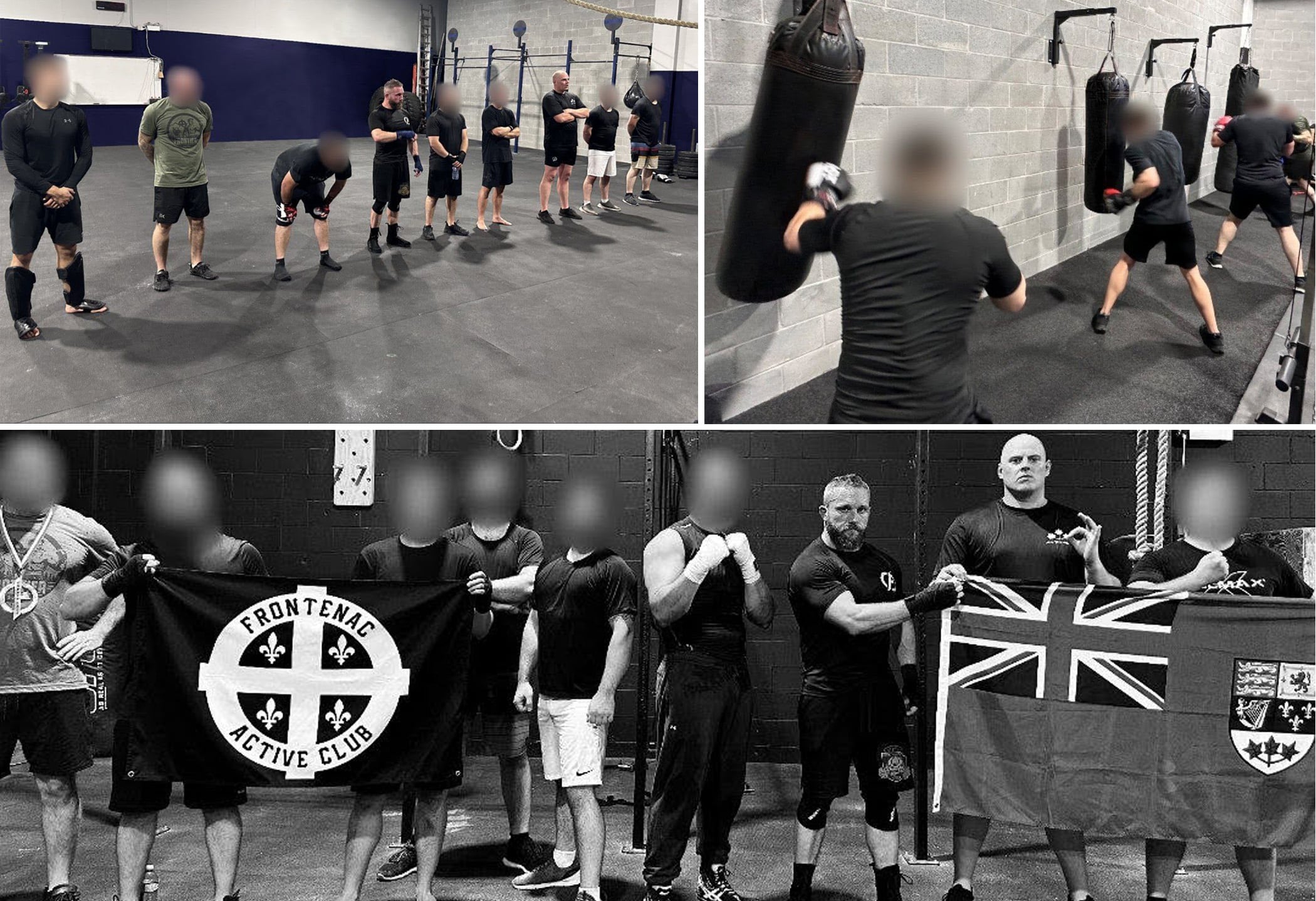 Three photos show men training inside a gym, including standing in a row, punching heavybags, and posing with a red ensign flag and a Frontenac Active Club flag.