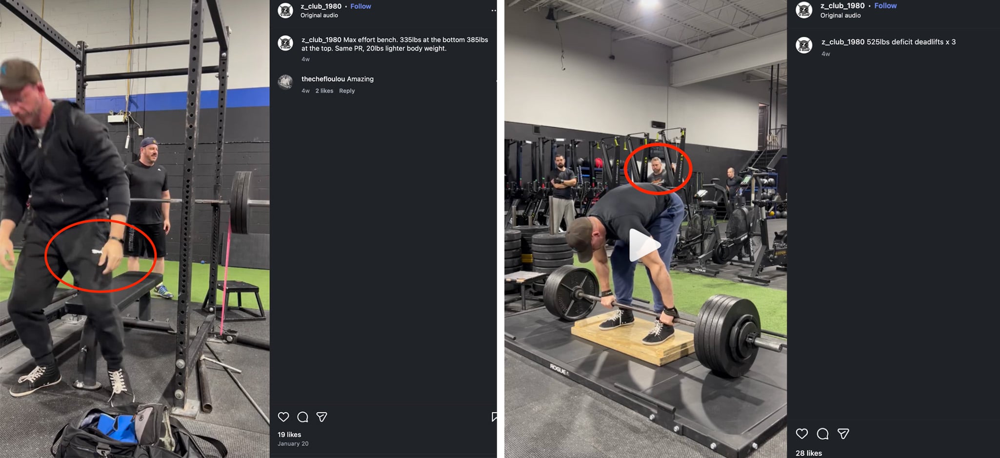 Two photos show a man demonstrating weightlifting at a gym.
