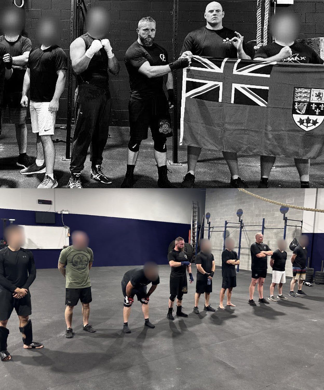 Top photo: six men stand in a row in a black and white photograph. Four of the men have their faces blurred. One of the men who does not have his face blurred (Alex Vriend) is a tall, bald light-skinned man, pointing to a logo on his T-shirt with one hand. Bottom photo: Ten men stand in a row inside a gym.