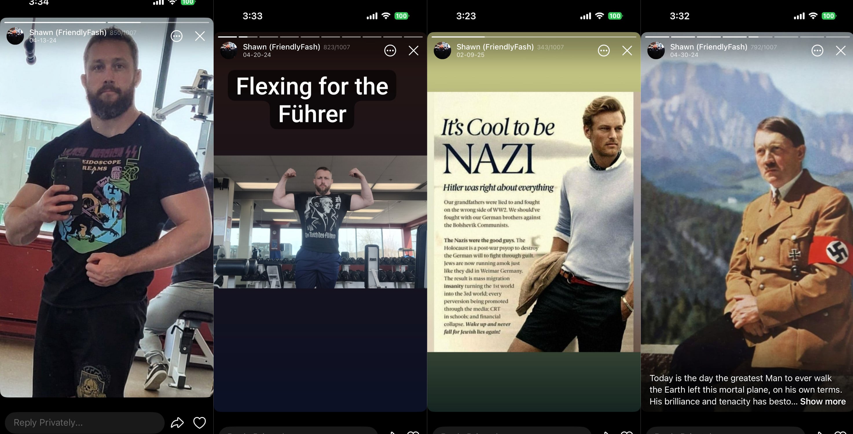 Four screenshots show various posts from Shawn Beauvais-MacDonald, including one image with the slogan “flexing for the Führer,” “It’s Cool to be Nazi” and a photograph of Hitler with text calling him “the greatest man to ever walk the earth.”