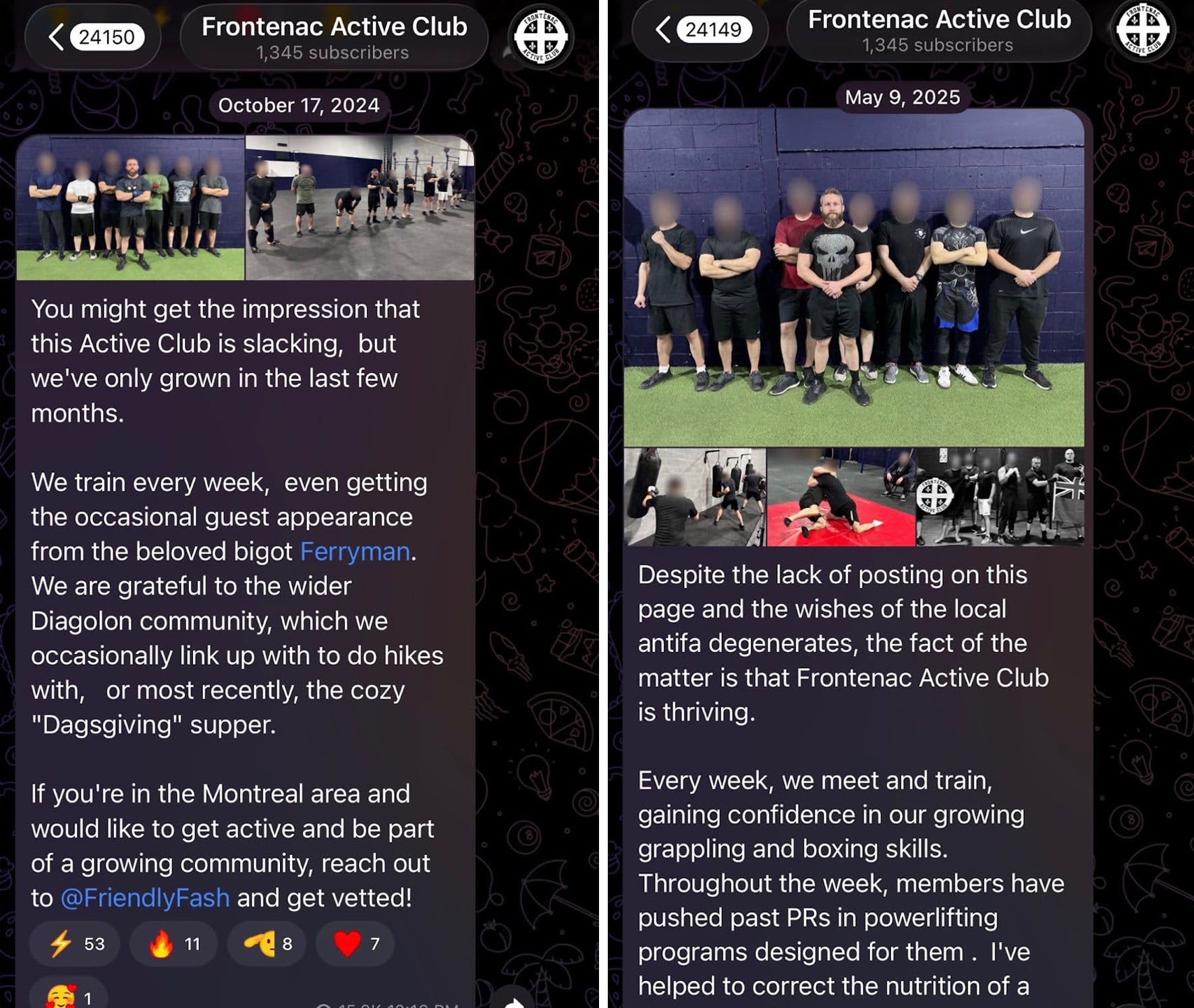 Posts from the Frontenac Active Club Telegram account show photos of members training inside the gym along with text encouraging new members to join the group.