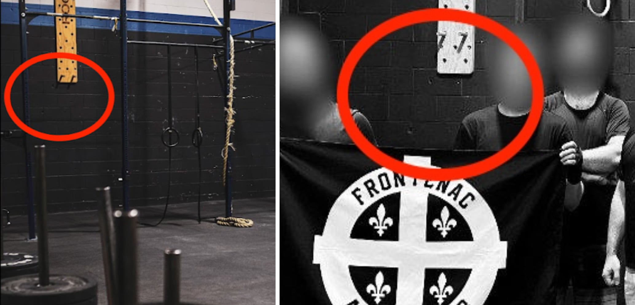 Two photos of the gym interior show the same wooden peg board fixed to the wall.