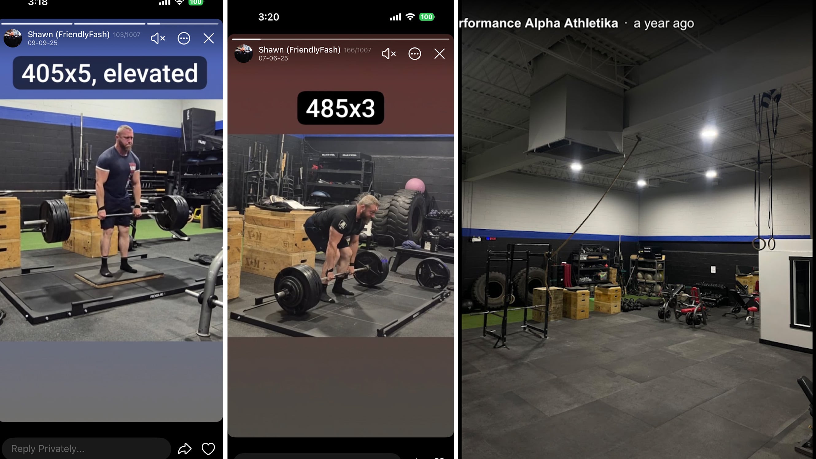 Two photos show a muscular man with a beard lifting weights in a gym. An additional photos show a shot of the gym’s empty interior.