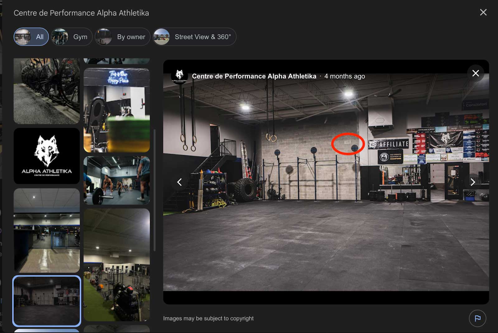 The photo on top shows images pulled up via a Google search, showing the interior of a gym. The bottom photo shows ten men standing in a row. The same metal feature in both photos are outlined with red circles.