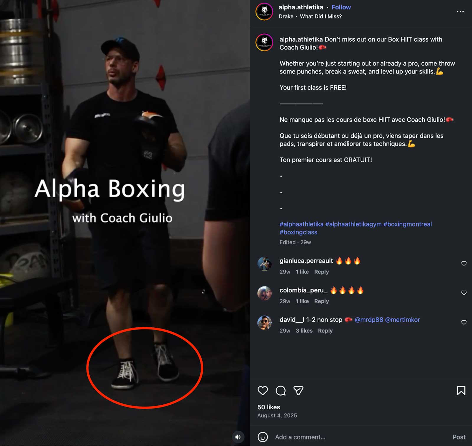 An Instagram post shows a photo of a muscular, middle-aged man wearing athletic clothes, including dark high-top running shoes with floppy white laces.