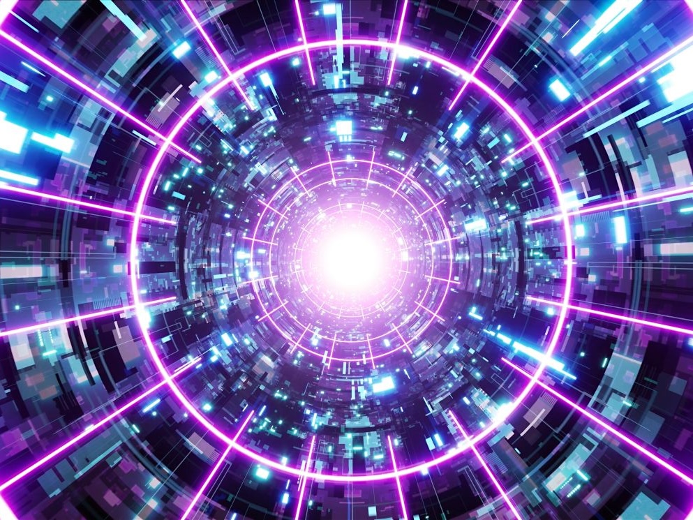A vortex-like image of concentric rings of glowing magenta and purple light radiating from a bright white centre. 