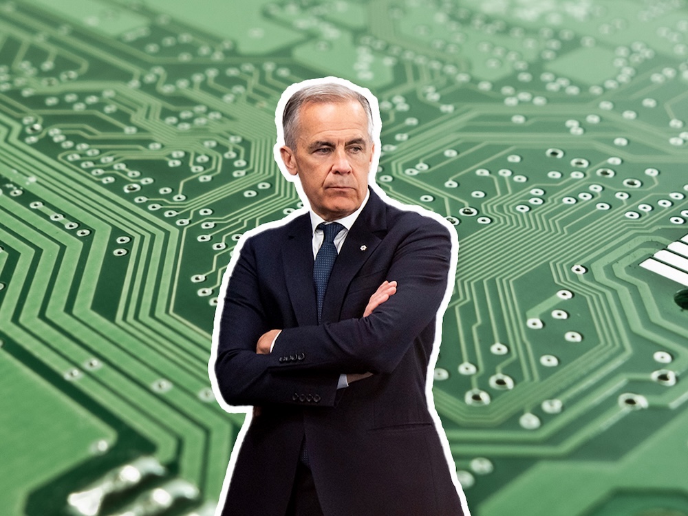 A photo illustration shows PM Mark Carney, a middle-aged white man with grey hair, in a suit standing against the backdrop of a magnified semiconductor.