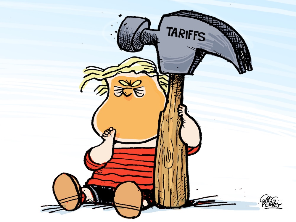 In the style of the Peanuts character Linus, a caricature of Donald Trump as a boy holds a blanket, sucks his thumb and holds a huge hammer with the word &lsquo;Tariffs&rsquo; on it.