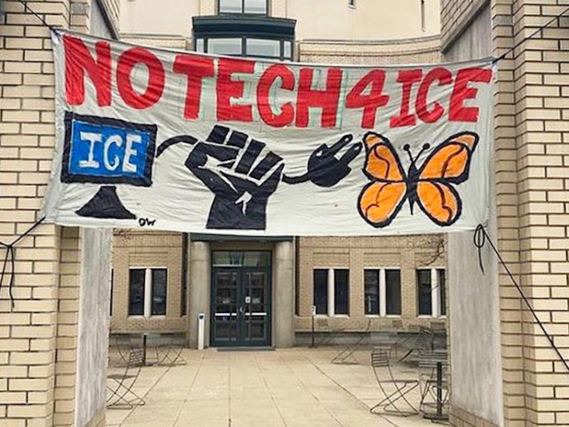 A banner reads, &lsquo;No Tech 4 ICE.&rsquo; A hand pulls the plug between ICE and a butterfly.