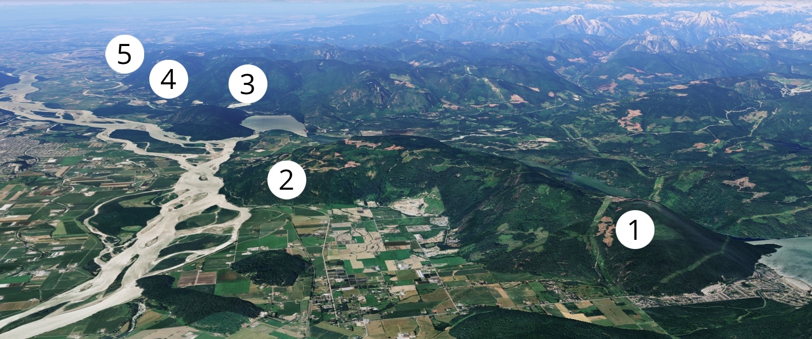 A 3D aerial image shows a broad valley, with mountains and small communities on the right, northern side.